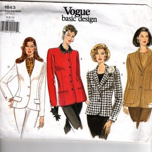 Op de afbeelding: Vogue basic design naaipatroon 1643 met illustraties van damesblazers. De blazers zijn in verschillende kleuren en patronen, waaronder wit, rood, zwart-wit geruit en bruin. De patroonmaat is 6-8-10.