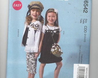 UNCUT McCalls Sewing Pattern 6542 for Girls Cardigan, Top, Dress, Pants, Hat and Purse, Sz 2-3-4-5, Easy Pattern