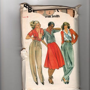 May include: Vintage Will Smith sewing pattern featuring illustrations of three women in 1980s fashion. The designs include high-waisted pants, skirts, and blouses in various colors. The pattern is size 8.