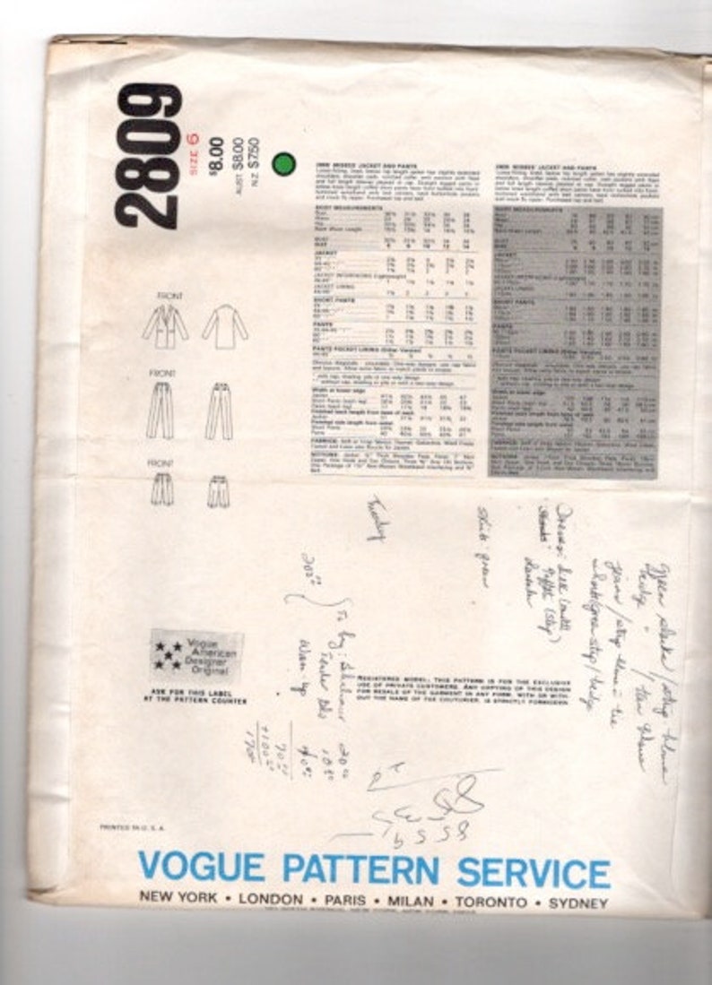 UNCUT Sewing Pattern Vogue 2809 for Jacket and Pants Variations, Sz 6 ...