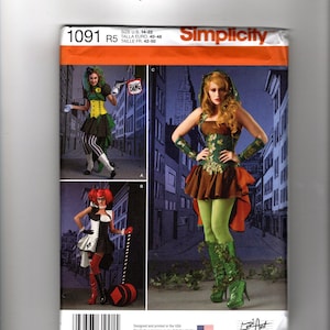 May include: A Simplicity sewing pattern envelope 1091 for costumes in sizes 14-22. The front displays three distinct costume designs featuring a green and brown nature-themed outfit, a green and yellow jester-style costume, and a black and white harlequin outfit with red accents and a large mallet.