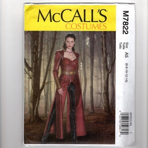 May include: McCall's Costumes sewing pattern M7822, size A5 (6-8-10-12-14). The envelope features a dark red, long-sleeved, sweetheart-neckline bodice with a matching floor-length open-front overskirt, a wide gold-toned belt, and black trousers.