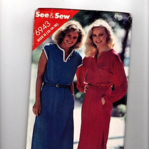 Può includere: Un modello di cucito vintage per due abiti, uno blu e uno rosso, con il numero di modello 6943 e il testo "See & Sew" stampato sul davanti. Il modello è per la taglia B (12-14-16).