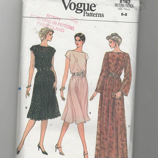 Sewing Pattern Vogue 8183 for Dress Variations, Sz 8, Bateau Necklilne, Evening Dress, Underslip Dress
