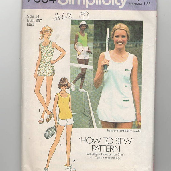 Vintage Sewing Pattern Simplicity 7334 for Tennis Dress or Top and Shorts, 70s, Sz 1414