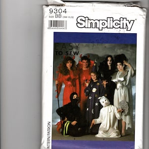 May include: Simplicity sewing pattern 9304 for Halloween costumes. The package shows several people in costumes, including devils, a ninja, a wizard, and a ghost. The text "EASY TO SEW" is visible on the package.