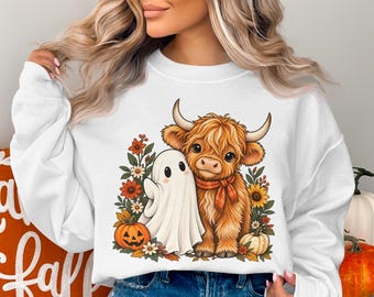 Sudadera con bordado de vaca escocesa fantasma: Camiseta espeluznante de Halloween del Oeste