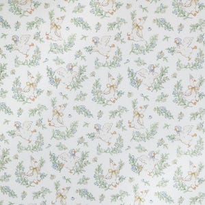 May include: A white fabric featuring a repeating pattern of white geese wearing blue bonnets and yellow bows. The geese are surrounded by green leafy branches and small blue flowers. The illustration style is delicate with fine lines.