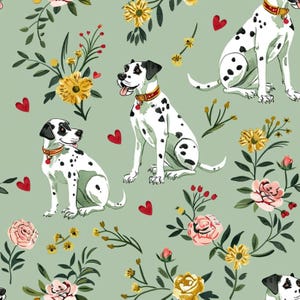 May include: A repeating pattern on a sage green background featuring white Dalmatian dogs with black spots, wearing red collars. The design includes illustrations of yellow and pink flowers, green leaves, and small red hearts scattered throughout.