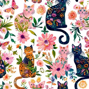 May include: A repeating pattern featuring various cats in pink, orange, and dark blue, interspersed with colorful butterflies and assorted pink and orange flowers on a white background. The cats display intricate floral and spotted designs.