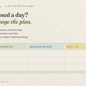 Missed a day? Change the plan. An enlarged excerpt from the real Missed a Day? Replan page: the table for unfinished task, smaller version, move or drop, and new slot.