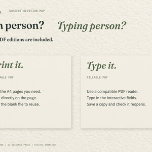 Pen person? Typing person? Two cream cards explain the included printable and fillable PDFs: print the pages you need, or type into interactive fields in a compatible PDF reader.