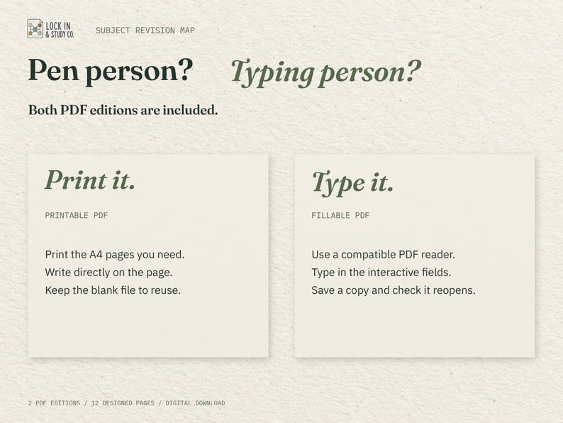 Pen person? Typing person? Two cream cards explain the included printable and fillable PDFs: print the pages you need, or type into interactive fields in a compatible PDF reader.