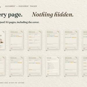 Every page. Nothing hidden. All 12 real A4 pages of the Assignment + Assessment Tracker, including the cover, arranged in order. The same designed pages come in both PDF editions.