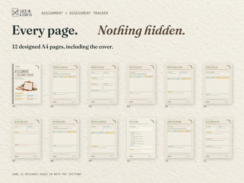 Every page. Nothing hidden. All 12 real A4 pages of the Assignment + Assessment Tracker, including the cover, arranged in order. The same designed pages come in both PDF editions.