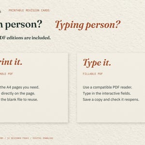 Pen person? Typing person? Two cream cards explain the included printable and fillable PDFs: print the pages you need, or type into interactive fields in a compatible PDF reader.