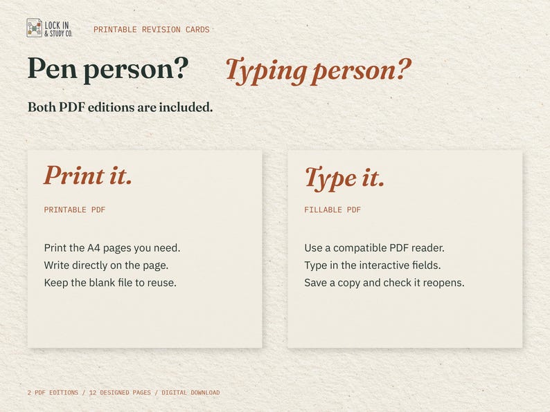 Pen person? Typing person? Two cream cards explain the included printable and fillable PDFs: print the pages you need, or type into interactive fields in a compatible PDF reader.