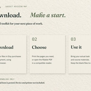 Download. Make a start. Three cards explain downloading the two PDFs through Etsy in a web browser, choosing print or fillable, and using your actual task materials. No physical item is posted.
