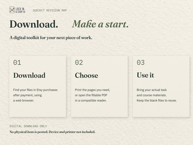 Download. Make a start. Three cards explain downloading the two PDFs through Etsy in a web browser, choosing print or fillable, and using your actual task materials. No physical item is posted.