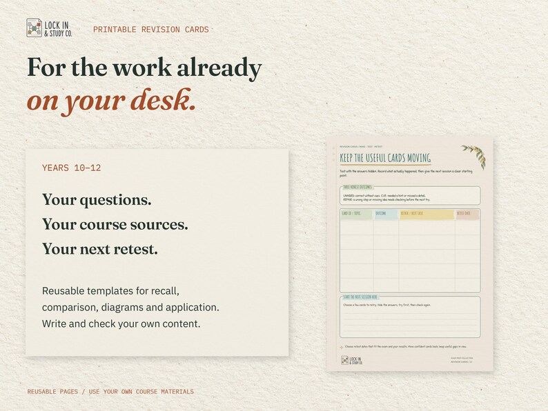 For the work already on your desk. A Years 10 to 12 use guide sits beside the real Keep the Useful Cards Moving page. Bring your own course materials.