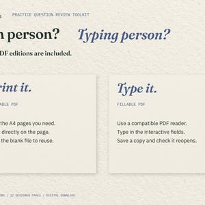 Pen person? Typing person? Two cream cards explain the included printable and fillable PDFs: print the pages you need, or type into interactive fields in a compatible PDF reader.