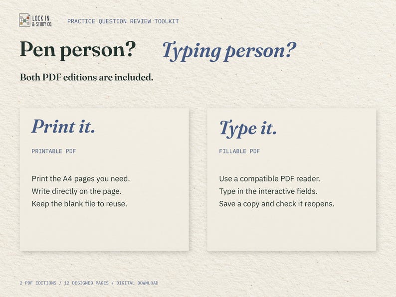 Pen person? Typing person? Two cream cards explain the included printable and fillable PDFs: print the pages you need, or type into interactive fields in a compatible PDF reader.