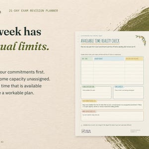 A week has actual limits. The real Available Time Reality Check page from the 21-Day Exam Revision Planner, on cream card with olive green accents.