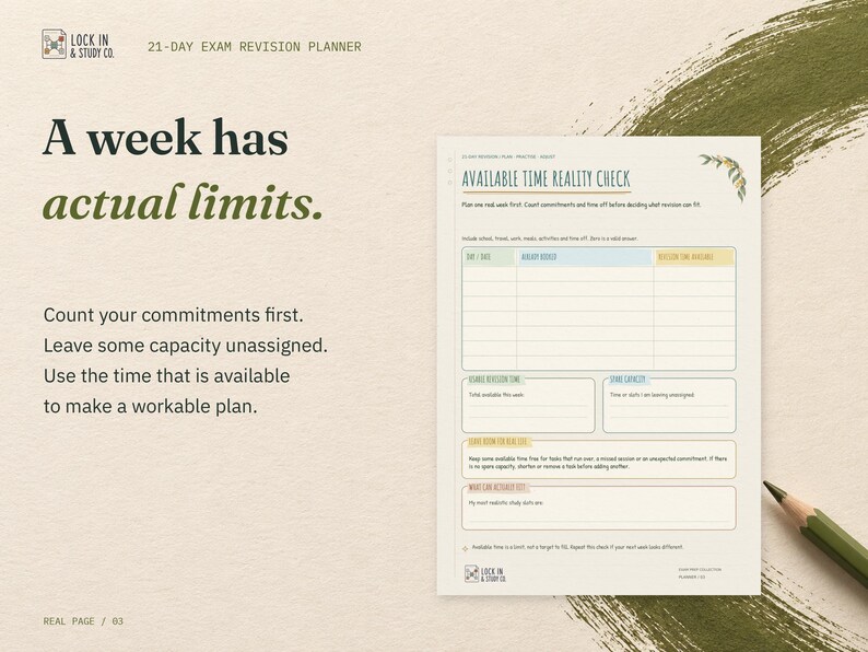 A week has actual limits. The real Available Time Reality Check page from the 21-Day Exam Revision Planner, on cream card with olive green accents.