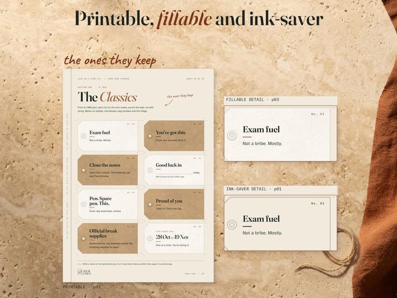 Printable Classics sheet beside matching close views from the fillable and ink-saver files. Edition labels identify the textured and outlined versions of the real tag artwork.