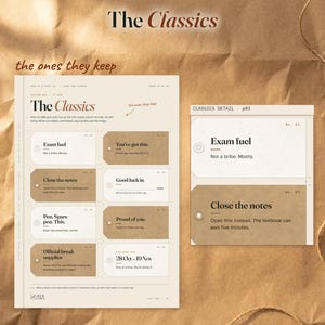 The Classics gift-tag sheet beside an enlarged view of Exam fuel and Close the notes tags, showing ivory paper, trim marks and punch-hole artwork. Rust handwriting says the ones they keep.