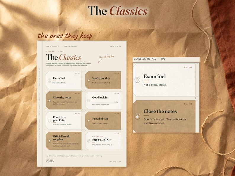The Classics gift-tag sheet beside an enlarged view of Exam fuel and Close the notes tags, showing ivory paper, trim marks and punch-hole artwork. Rust handwriting says the ones they keep.
