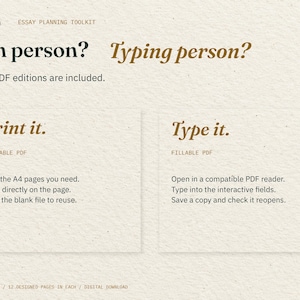 Pen person? Typing person? Two cream cards explain the included printable and fillable PDFs: print the pages you need, or type into interactive fields in a compatible PDF reader.