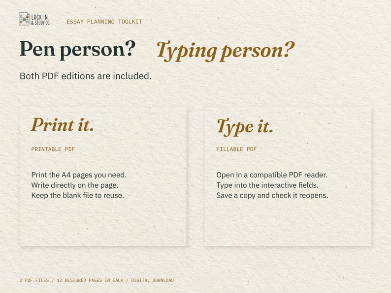 Pen person? Typing person? Two cream cards explain the included printable and fillable PDFs: print the pages you need, or type into interactive fields in a compatible PDF reader.