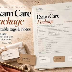 Exam Care Package printable tags and notes for WA Year 12s: the cover with 58 care tags, 12 pocket pep talks and 6 good luck notes, beside kraft tags tied to a gift.