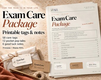 May include: A printable exam care package set featuring 58 tags, 12 pocket pep talks, and 6 good luck notes. The document includes sections for exam details, instructions, and printable tag samples. A small wrapped gift with a tag is also shown.