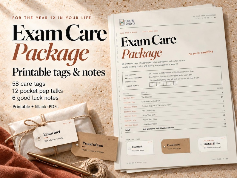 Exam Care Package printable tags and notes for WA Year 12s: the cover with 58 care tags, 12 pocket pep talks and 6 good luck notes, beside kraft tags tied to a gift.