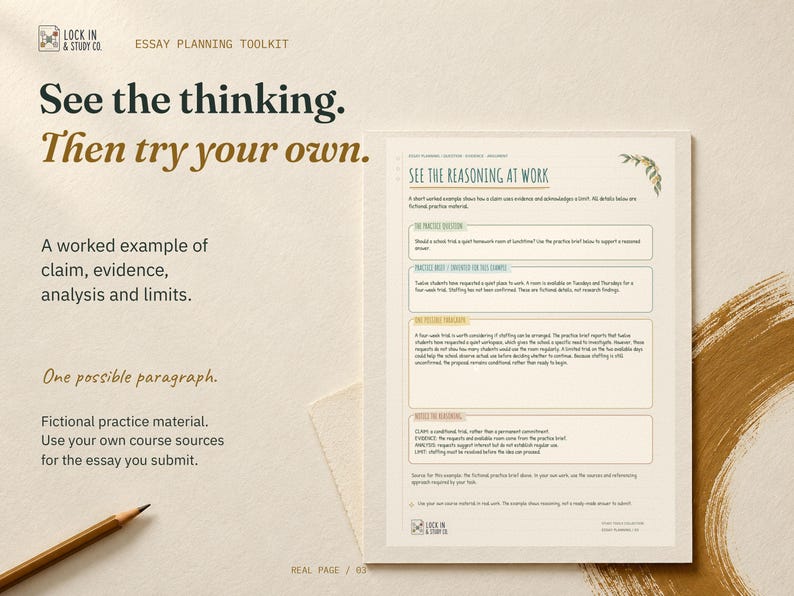 See the thinking. Then try your own. The real worked-example page uses fictional practice material to demonstrate a claim, evidence, analysis and limits.