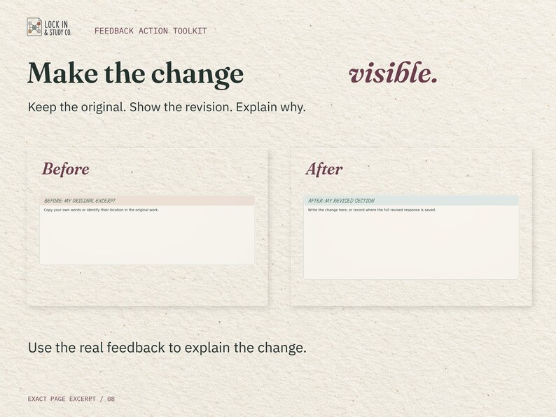 Make the change visible. Two enlarged fields from the real Before, After, Why worksheet provide spaces for the original excerpt and revised section.