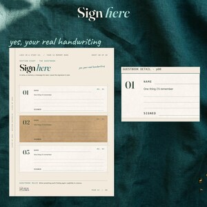Three roomy guestbook entries beside an enlarged view of the first signing space. The straight heading reads Sign here, above teal handwriting and a dark teal linen surface.