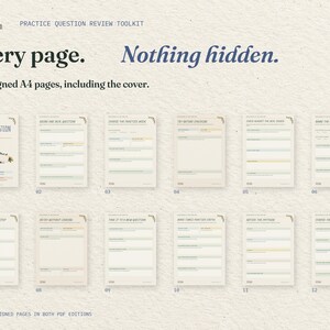 Every page. Nothing hidden. All 12 real A4 pages of the Practice Question Review Toolkit, including the cover, arranged in order. The same designed pages come in both PDF editions.