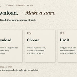 Download. Make a start. Three cards explain downloading the two PDFs through Etsy in a web browser, choosing print or fillable, and using your actual task materials. No physical item is posted.