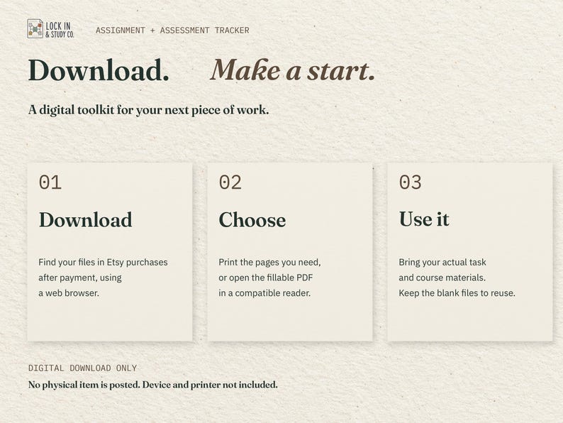 Download. Make a start. Three cards explain downloading the two PDFs through Etsy in a web browser, choosing print or fillable, and using your actual task materials. No physical item is posted.