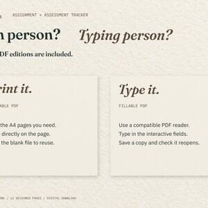 Pen person? Typing person? Two cream cards explain the included printable and fillable PDFs: print the pages you need, or type into interactive fields in a compatible PDF reader.