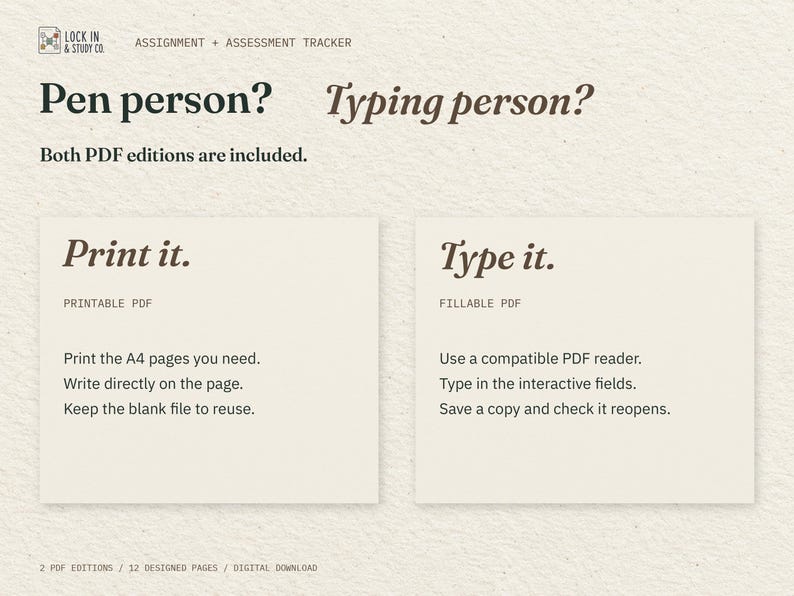 Pen person? Typing person? Two cream cards explain the included printable and fillable PDFs: print the pages you need, or type into interactive fields in a compatible PDF reader.