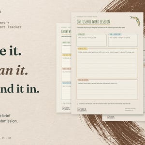 See it. Plan it. Hand it in. Three real Assignment + Assessment Tracker pages: One Useful Work Session in front, with the Know What the Task Asks and Submitted, and Confirmed pages behind.