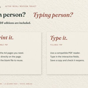 Pen person? Typing person? Two cream cards explain the included printable and fillable PDFs: print the pages you need, or type into interactive fields in a compatible PDF reader.