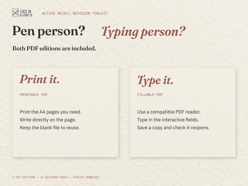 Pen person? Typing person? Two cream cards explain the included printable and fillable PDFs: print the pages you need, or type into interactive fields in a compatible PDF reader.