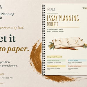 Essay Planning Toolkit cover on cream card with ochre accents. Get it onto paper. Includes 12 A4 pages in printable and fillable PDFs for Years 10 to 12. Digital download.