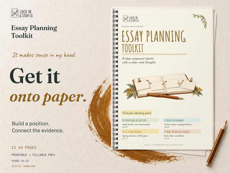 Essay Planning Toolkit cover on cream card with ochre accents. Get it onto paper. Includes 12 A4 pages in printable and fillable PDFs for Years 10 to 12. Digital download.