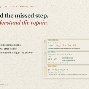 Find the missed step. Understand the repair. Steps 1 to 3 of the real One Worked Session page: an attempt at 3(x + 2) = 18, the missed step, and the corrected answer x = 4.